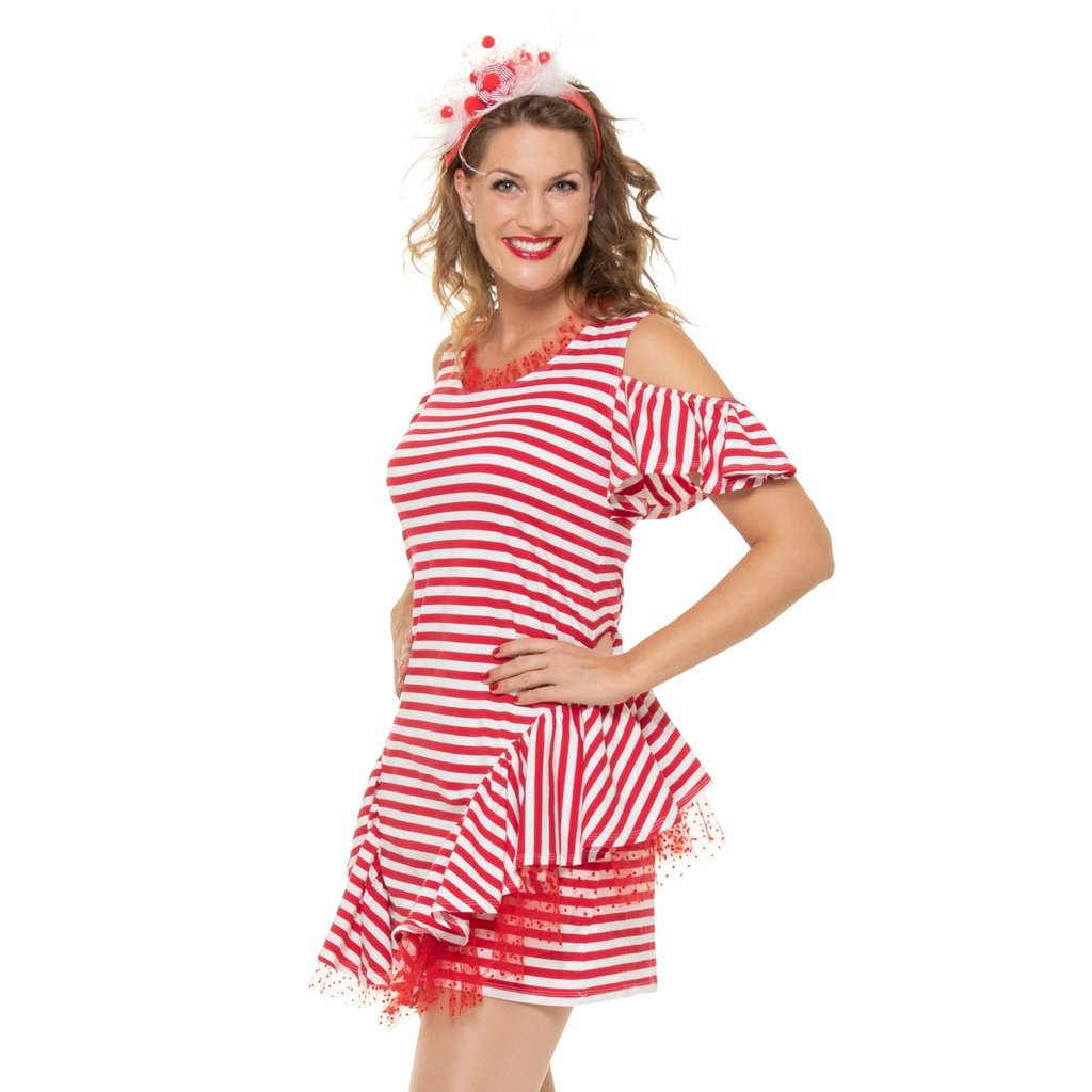 Damen Kostum Ringelkleid Mit Volantrock Rot Weiss Ebay
